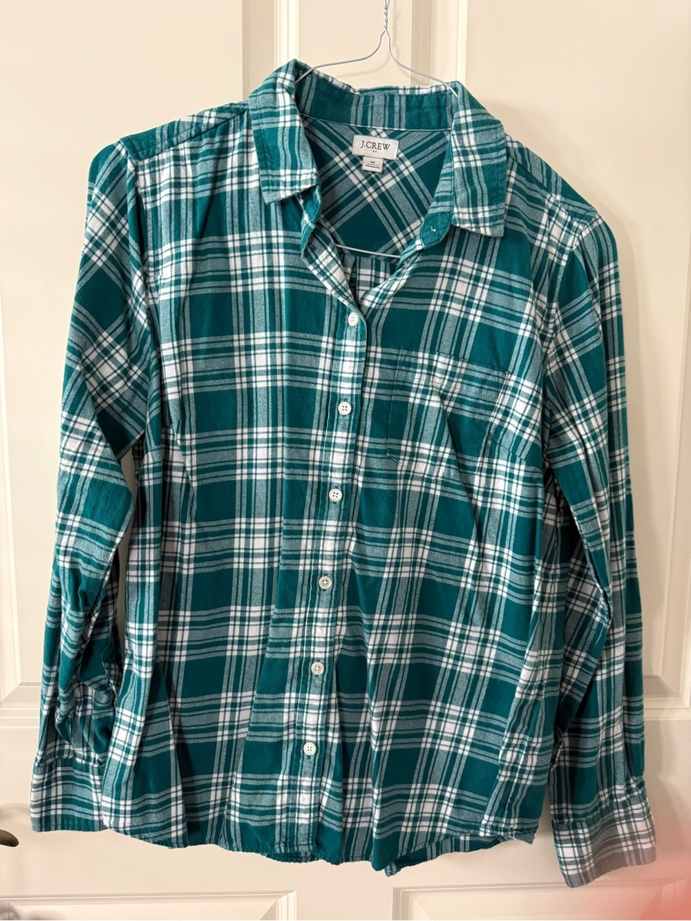 J. Crew women’s green Plaid Button-Up Shirt, medium, like new.